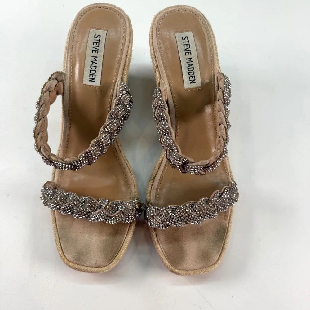 Steve Madden Espadrille Wedge Sandals Rhinestone Braided Straps Womens Size 9.5